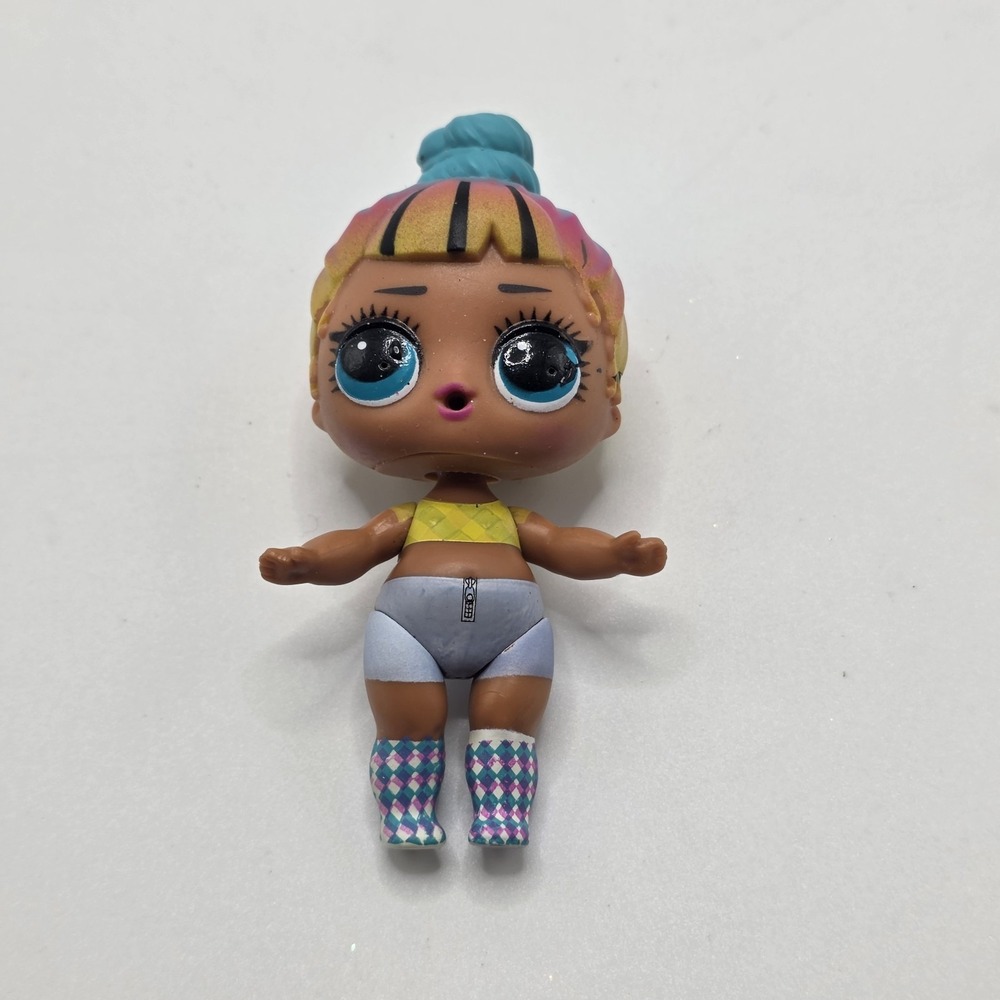 LOL Surprise Doll Blue Eyes Rainbow Hair‎ Bun Yellow Top MGA Figure